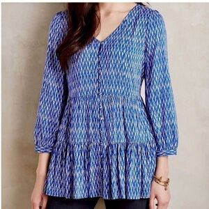 Maeve Anthropologie blue white ruffle button top pockets Size Medium